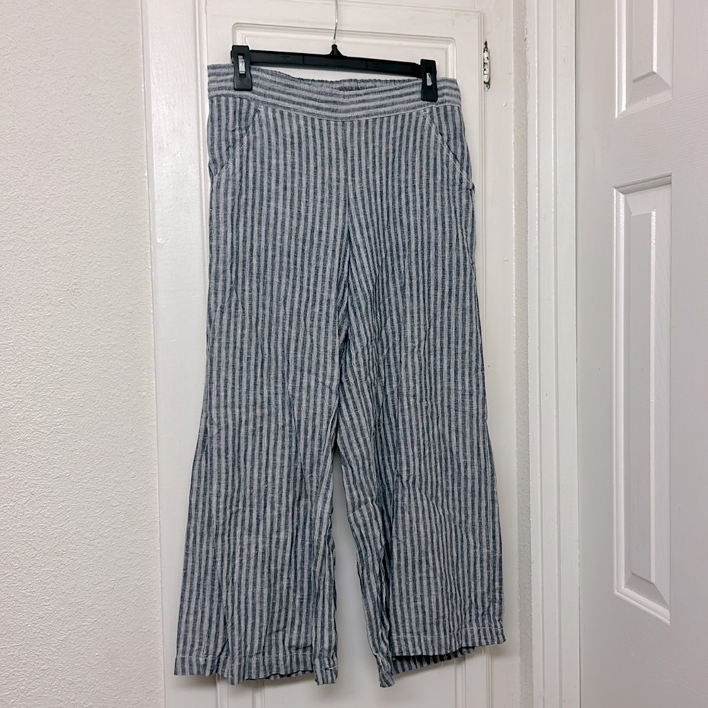 Wide Leg Linen Blend Pants Size Small Blue White Stripe With Pockets Unbranded
